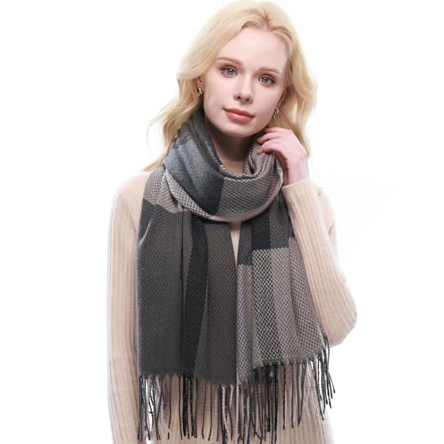 RIIQIICHY Plaid Scarf for Women Fall Winter Pashmina Scarves Wraps for Cold Weather Warm Large Grey/Black