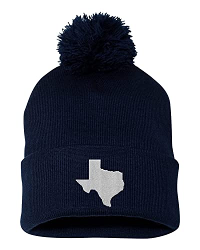 One Size Navy Pom Texas State Map Silhouette Embroidered Knit Beanie Pom Cap