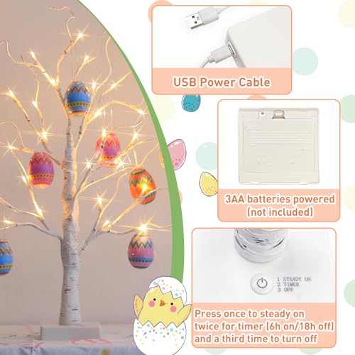 EAMBRITE White Easter Tree with Colourful Fillable Eggs Battery Operated Twig Tree with Lights Easter Gifts for Children (60cm/2ft)