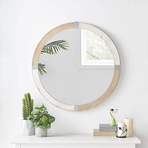 H HOMEBROAD. Rustic Solid Wooden Framed 31.5 inch Round Wall Mirror, Farmhouse Decor Mirror, Large Wooden Circle Frame Mirror for Wall Decor, Living Room Bedroom Bathroom Entryway, Rustic Brown White