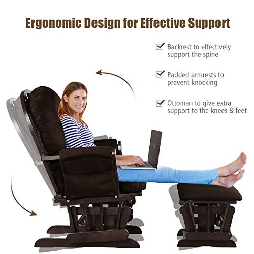 Costzon Nursery Glider with Ottoman, Upholstered Comfort Glider Rocker with Padded Cushion, Storage Pocket, Solid Wood Base, Rocking Chair Nursery for Breastfeeding, Napping (Brown) - Image 5