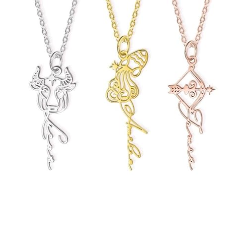 AILIN Women's Zodiac Sign Name Necklace, Sterling Silver 925/Stainless Steel, Custom Astrology Necklace With Constellation Signs, Birthday Gift For Her
