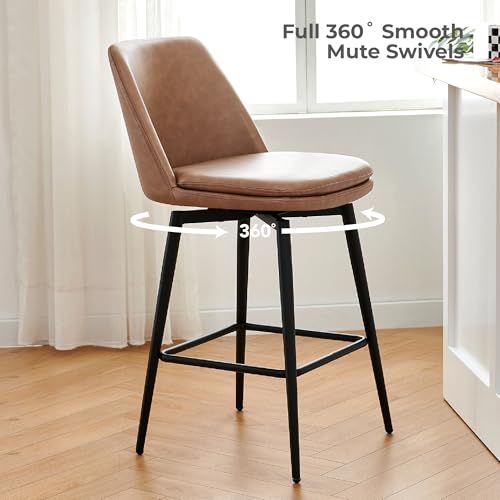 Image of CHITA Swivel Bar Stools, 30.3 inch Counter Height Bar Stools Set of 2, FSC Certified Upholstered Modern Counter Stools, Metal Legs, Faux Leather, Saddle Brown