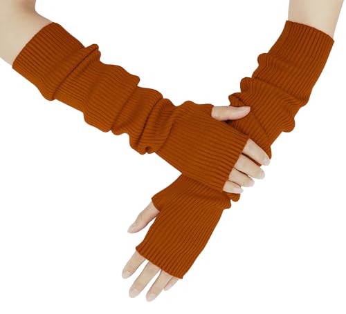 Farlenoyar Women Fingerless Arm Gloves Cashmere Blend Arm Warmers Caramel