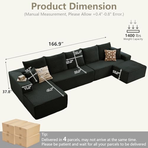 Image of Lakifun 166.9 inch L-Shape Sofa with Ottoman, Modern Modular Sectional Comfy U-Shape Cloud Couch, Deep Seat, Upholstered Corduroy Sleeper Chaise Longue for Living Room Bedroom, No Assembly Required, Black
