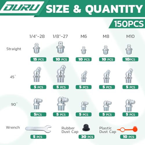 Image of OURU 150PCS Grease Fittings Kit, SAE & Metric Zerk Grease Fittings Straight 45 90 Degree with Grease Fitting Caps & Wrench Kit(7-11mm) for Grease Gun