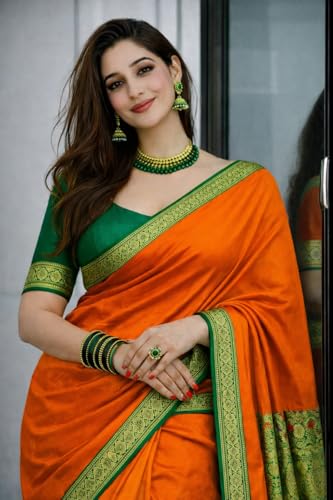 Image of Women's Glory Banarasi Satin Silk Saree with Rich Zari Woven Border & Pallu | Soft Glossy Party Fancy Traditional Saree for Wedding, Festive, Function | Blouse Piece Included