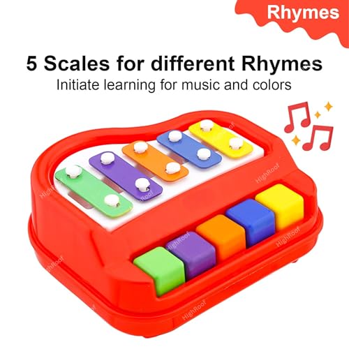 Image of 2 in 1 Piano Xylophone Premium Non Toxic Non-Battery 5 Key Scale Musical Instrument Mini Piano Toy for Kids Toddlers (Color Red)