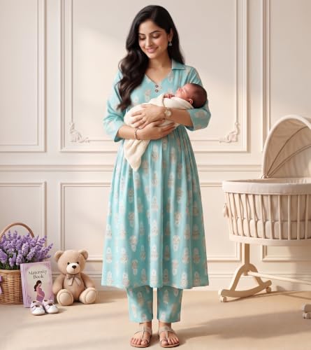 Image of DUMMY SHAPE Maternity Dresses for Women Cotton | Floral Kurta Pant Dupatta Set with Nursing Zippers, Side Pocket | Pre & Post Pregnancy | Feeding Kurti Suit | Baby Shower | Gifts for Pregnant Woman