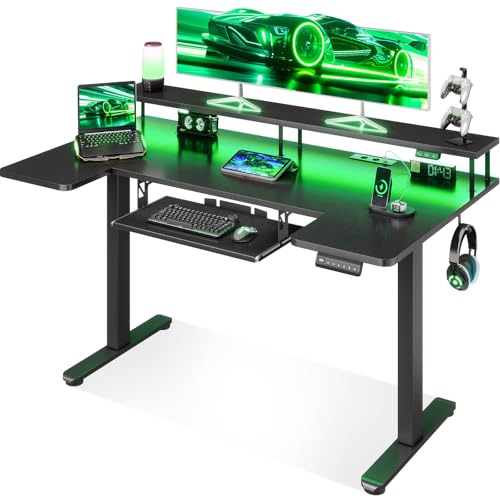 OffiGo U-förmiges Höhenverstellbarer Schreibtisch, 140 cm Elektrischer Steh-Sitz Tisch mit Monitorständer, Steckdosen & USB-Ladeanschluss, Standing Desk mit LED, Gaming & Office Computertisch, Schwarz