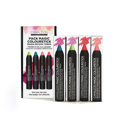 Camaleon Cosmetics - Pack 4 Pintalabios Magic Colourstick - Dos Tonos - Anaranjados y Rosados - Color: Coral, melocotón, azul y lima.