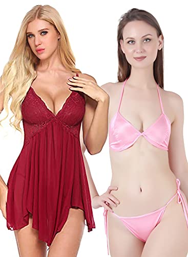 Image of Love Maker Lace Net Stylish Women Nightwear with Cotton Bra Panty Set for Women, Non Padded Bra Panty Set for Women & Night Wear Honeymoon Nighty for Women.