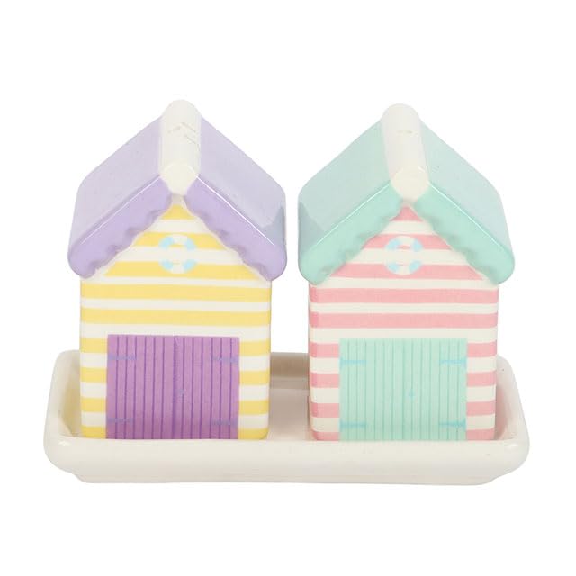 Pastel Beach Hut Salt & Pepper Shakers Set | Ceramic with Matching Tray | Seaside Kitchen Decor | Coastal Gift Idea