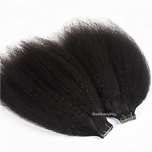Tape in Human Hair Extension Kinky Straight Brazilian Remy Hair Tapes on Coarse Italian Yaki Skin Weft Tape Human Hair Extension 40pcs 100g (14nch 40pieces, #Natural Black)