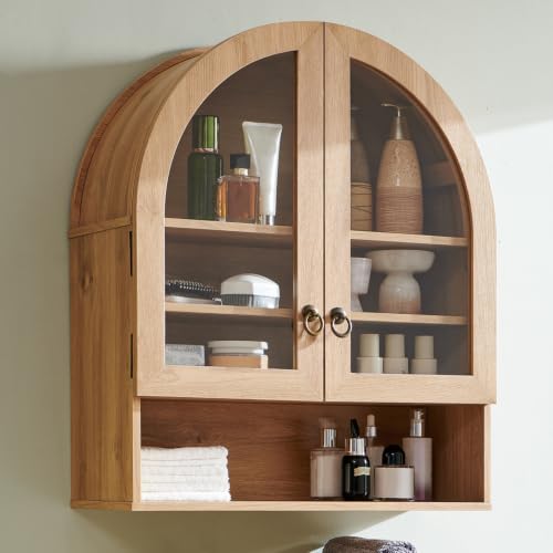 IFGET Bathroom Arched Wall Cabinet 23.6 Wide Medicine Cabinet with Adjustable Shelves & Glass Doors Over The Toilet Storage Wall Mount Cabinet for Laundry Room Kitchen & Living Room Natural Oak