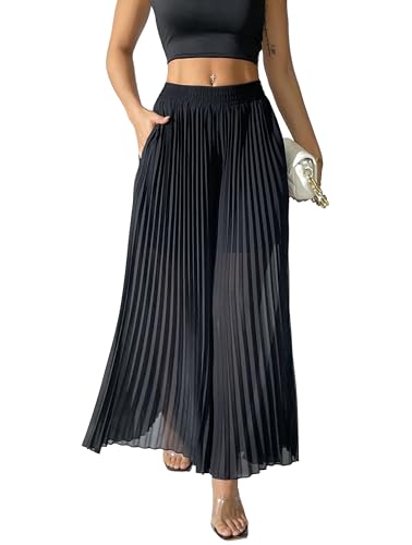 heipeiwa Women's Chiffon Pleated Wide Leg Palazzo Pants Crop Capris Culotte Dressy Casual Pants