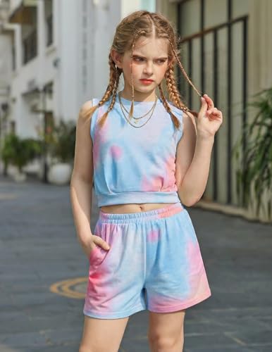 Image of Arshiner Girls 2 Piece Short Sets Sleeveless Tops and Shorts with Pockets | Round Neck Waist Elastic Sport Clothing Outfits Perfect for Spring Summer
