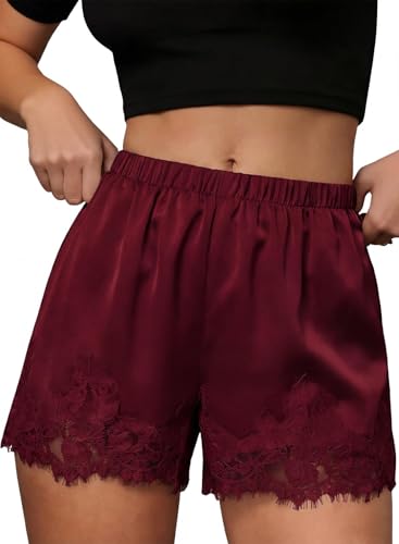 EVALESS Womens Shorts Satin Silk Lace Shorts 2026 Summer Low Rise Micro Mini Slip Pajama Shorts Cute Beach Clothes Casual Elastic Waist Bottoms with Pockets Dark Red Medium