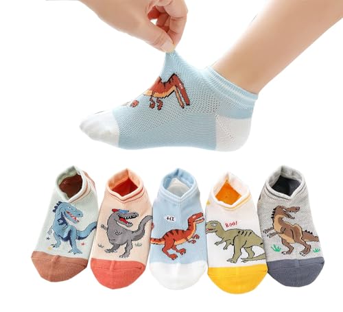 CHUNG Boys Cotton Ankle Socks 5/10 Pack Low Cut Dinosaur Mesh 2-9Y Light Weight Back School Running Sports Casual (7-9 Years, 5Dino 022)