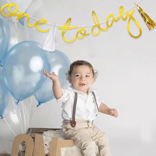 Image of Rozi Decoration One Today Cursive Golden Hanging Banner with Golden & White Tassel Garland for First Birthday Decoration