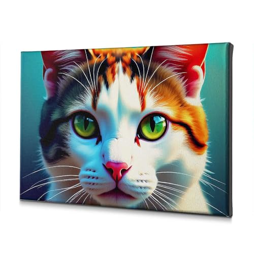 Tableau chat aux yeux verts 30x40 cm | Décoration murale colorée pour étagère