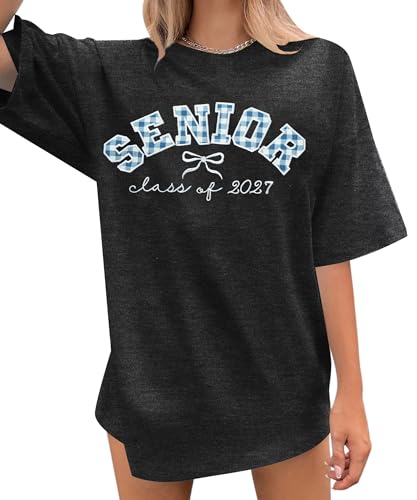 Class of 2027 Shirt Women Oversized Senior Mom Shirts Graduation 2027 Teacher Tee Embroidery Coquette Bow Tops Grey