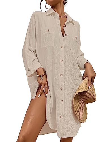 Image of Bsubsach Button Down Swimsuit for Women Sweatshirt Dress with Ruffled Sleeves Beach Shirt