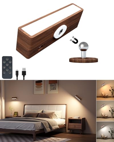 DetarZinLED Apliques de Pared Recargable,con 360 Rotatable Wall Lamp,Aplique de Pared con Aplique Bateria,Ajustable Wireless Wall Lights (Nogal Negro, 1 Pack)