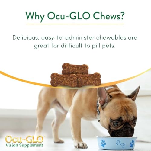 Ocu-GLO Cat & Dog Senior Supplement for Eye Support - Chewable Vision Vitamins Supplements for Large and Small Pets Care with Lutein, Omega-3 Fatty Acids, Grape Seed Extract & Antioxidants