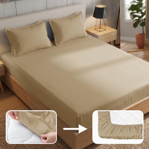 Image of Story@Home 300 TC Cotton King Size Fitted Bedsheet, Beige, 182 x 198 cm
