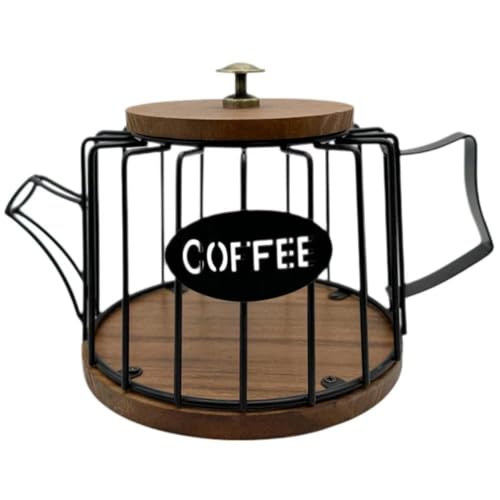 Coffee Holder with Lid, Large Capacity K Cup Holder with Rustic Wooden Base, Black Wire Coffee Storage Basket for Filters Capsules, Cafe Bar Organizer