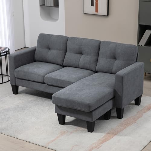 HOMCOM Ecksofa, Eck-Couch mit umkehrbarer Chaiselongue, Sofa in L-Form, Gepolstert Eckcouch mit Federkern, Stahlrahmen Leinenoptik, 186 x 130 x 84 cm, Dunkelgrau
