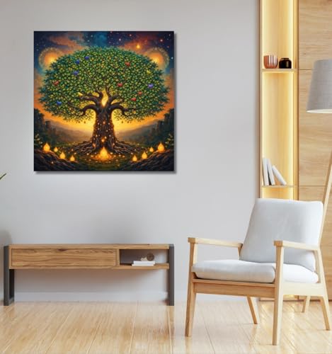 Image of Kunj Cart Kalpavriksha Tree Painting | 8+ DESIGNS | Kalpvriksh Tree Wall Painting | Lucky Tree Wall Art For Living Room, Bedroom and Office Decor | Canvas Painting for Wall Decoration (Design - C, 24x24 Inch, Framed)