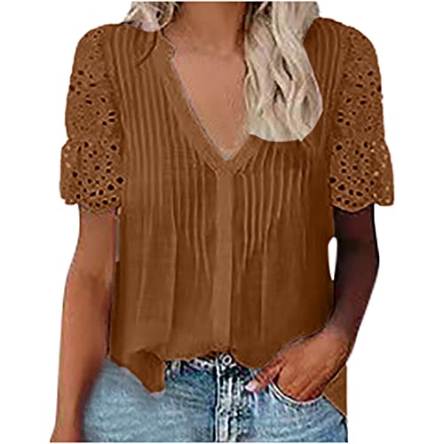 Summer Women Sexy Tshirt Tops Trendy Casual Loose Fit Vneck Tunic Tees Short Sleeve Comfy Crochet Eyelet Blouses