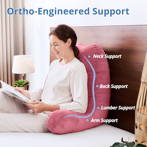 Image of Sasttie Reading Pillow for Bed, Back Pillow for Sitting Up, Rose Pink | 25 inch Backrest Support Cushion for Couch, Sofa, and Floor, Dorm Essentials, OEKO-TEX, Adjustable Down Alternative Fill