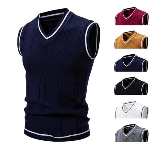 Adhdyuud Men V Neck Sleeveless Sweater Vest Striped Trim Cable Knit Pullover Slim Fit2