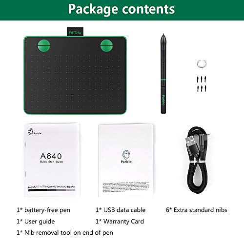 Drawing Tablet Parblo A640 6\" x 4\" Graphics Tablet, 8192 Levels Pressure Battery-Free Stylus Pen for Digital Artwork, OSU and Remote Work Online Learning