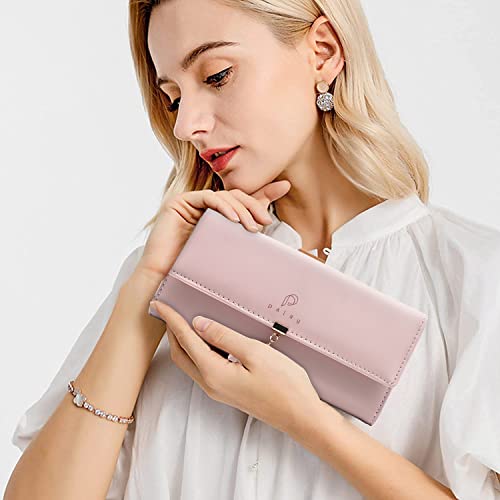 Image of PALAY Women's PU Leather Long Wallet with Leaf Pendant Card Holders Phone Pocket Girls Zipper Coin Purse (Pink) | Organized Storage with Card Holders and Phone Pocket; PU Leather, Zipper Coin Compartment, Leaf Pendant Detail for Daily Carr