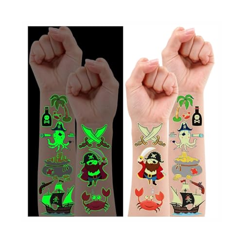 Leesgel Tatouage Enfant Pirate, 38Pcs Brillent dans Le Noir Faux Tatouage pour Pinata Anniversaire Jouet Enfant Cadeau Garcon Deguisement