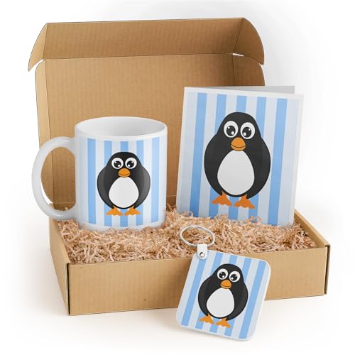 3dRose Cute Penguin Gift Set for Kids - Mug, Card, and Keychain - Perfect Birthday Present and Cute Decor