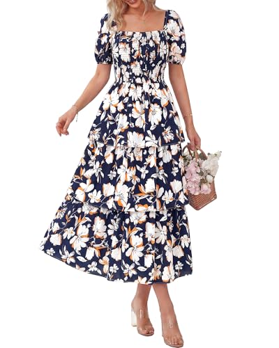 Image of BTFBM Womens Floral Smocked Summer Maxi Dresses | Square Neck Puff Short Sleeve Ruffle Tiered, 2026 Trendy Casual Sundress, Cruise Holiday Beach Vacation Wedding Guest Dress