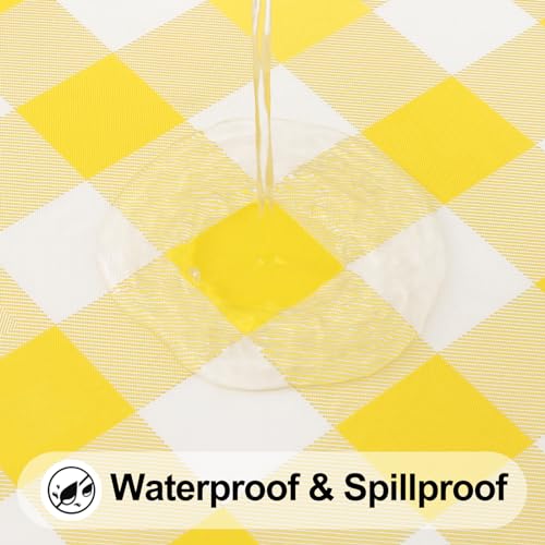 Smiry Round Picnic Tablecloth, Elastic Waterproof Fitted Vinyl Tablecloths for 36"-44" Tables, Flannel Backed Buffalo Plaid Table Cover for Dining, Camping, Outdoor, White and Yellow by Smiry - Used condition - Image 3