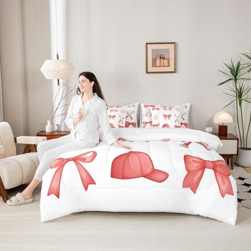 Image of Watercolor Bowknot 7 Pcs Comforter Set with Sheets Twin Size Sports Baseball Cap Baseball Bedding Sets for Kids Girls Women Cartoon Bow Ribbon Girly Bedroom Dorm Decor Lightweight Bed Set All Season