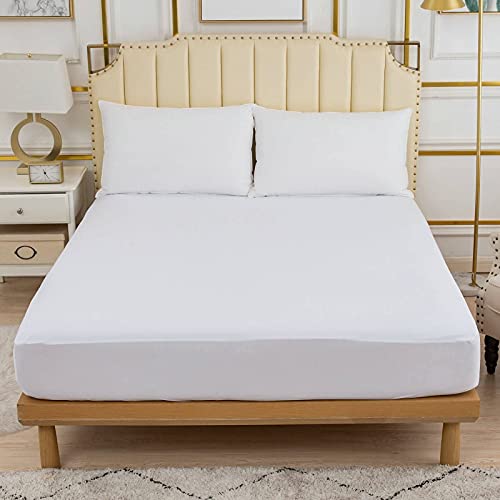 Image of Cooling Mattress Protector Waterproof Queen Size Ultra Soft Noiseless Smooth Jersey Top Fitted Matressprotector Cover with Stretchy Pocket