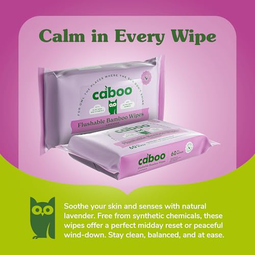 Image of Caboo Lavender Flushable Wipes | Certified Flushable, Septic Safe, Chemical Free, Biodegradable Wipes for Adults made with Renewable Bamboo Based Viscose (Pack of 3, Total of 180)