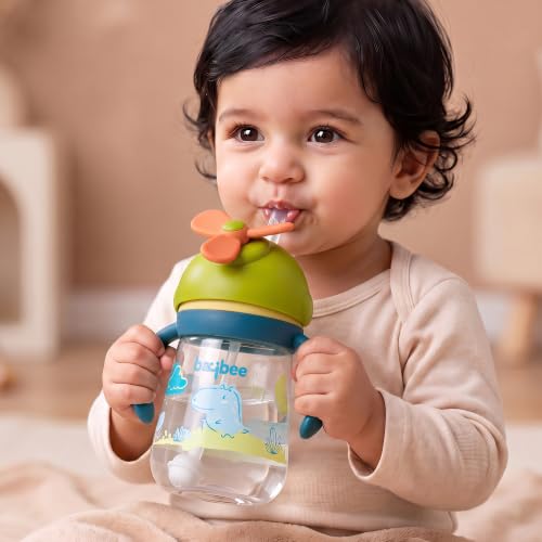 Image of Baybee Daffodil 330 ml Baby Sipper Bottle For Kids, Anti Spill Sipper Cup With Soft Silicone Straw with Handle & Rotating Fan | Sippy Cup with BPA Free & Non Toxic for Baby Toddlers 6 months+ (Yellow)