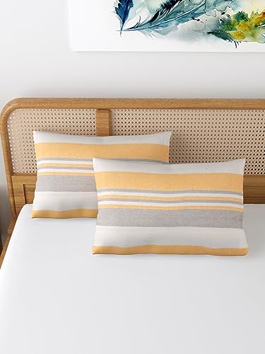 Image of 180 TC Pillow Cover Set of 2 | Pillow Cover Cotton 100% | Pillow Cover Set of 2 King Size | Wrinkle Free & Fade Resistance | Striped Pattern | Standard Size | All Season Use (Sand Yellow)