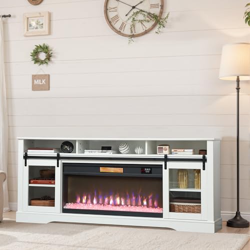 HOMCOM Fireplace TV Stand for TVs Up to 80 Inches, Modern Entertainment Center with 36" Glass Electric Fireplace & LED Lights, TV Console with Open Storage and Side Cabinets for Living Room, White - Image 8