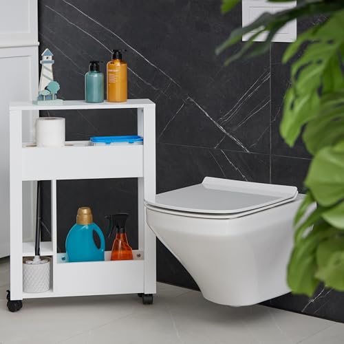 Relaxdays Nischenwagen, 2 Fächer, WC-Bürstenhalter, HxBxT: 71,5 x 17 x 50 cm, Badezimmer, MDF, schmaler Rollwagen, weiß