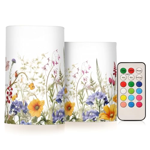 Kigai Colorful Flowers Flameless Candles with Remote Control and Timer,Battery Operated LED Pillar Candles Adjustable Brightness for Ourdoor Indoor Use,Home Decor,2 Pack